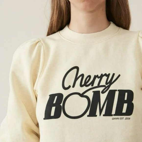 Ganni | Lott Isoli Cherry Bomb Puff Sleeve Sweatshirt Graphic Pullover Size L - Picture 14 of 14